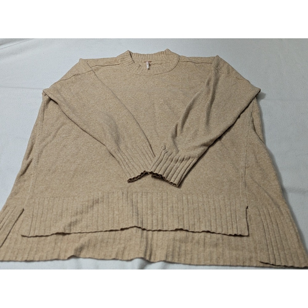 Free People Sweater Oversized Large Light Camel Heather Ibis Ribbed Crewneck